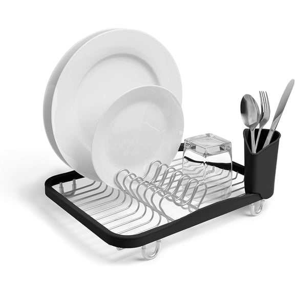 Sinkin Dish Drying Rack Drainer Caddy with Removable Cutlery Holder Use in Sink or On Counter, Standard, Black/Nickel