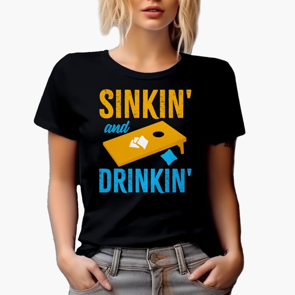Sinkin' and Drinkin' with Cornhole Board Design, Bean Bag Toss Lawn Game Player Themed Gifts, Black T-Shirt, Medium