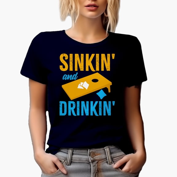 Sinkin' and Drinkin' with Cornhole Board Design, Bean Bag Toss Lawn Game Player Themed Gifts, Navy Blue T-Shirt, 3XL