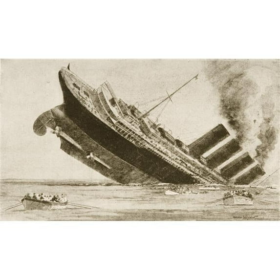 Sinking of The Lusitania May 7 1915 Drawn by Norman Wilkinson Poster Print, 19 x 11