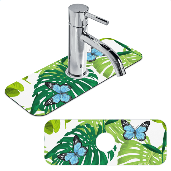 Sinkmat Absorbing Mat 1/2 Pack Diatomite Faucet Mat Plant Butterfly Sink Splash Guard 15.4" x 5.7" Fast Drying Sink Mat for Kitchen & Bathroom Countertops Non-Slip