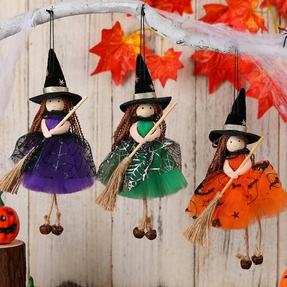 Sinknap Cloth Witch Doll Halloween Decoration, Spooky Eye‑Catching Realistic Fabric Witch Figurine, Reusable Hanging / Tabletop Ornament for Home Office Halloween Party Event Decor Green
