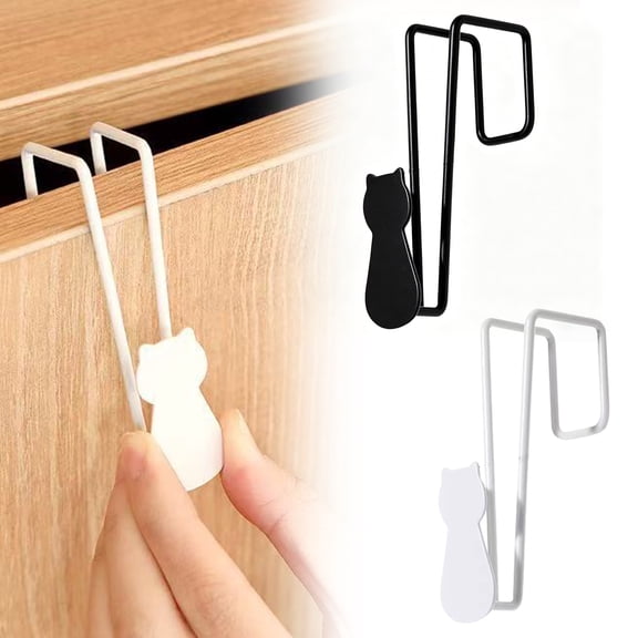 Sinknap Cute Cat Shape No Punching Metal Door Hook, Double Fork Iron Hanger, No Drill Space Saving Door Back Hook for Coat Bag Hat Towel Kitchen Utensil Storage Black