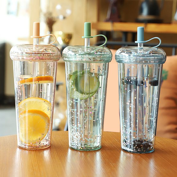 Sinknap Double Layer Star Sequin Straw Cup, Leak Proof ABS Drink Cup for Milk Tea Iced Drinks Student Daily Use Blue S