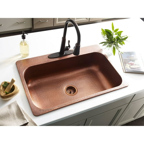 SINKOLOGY Angelico Drop-In Handmade Pure Copper 33 in. 3-Hole Single Bowl Kitchen Sink in Hammered Antique Copper
