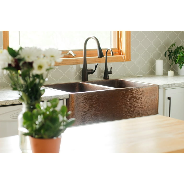 Rockwell Farmhouse/Apron-Front Handmade Solid Copper 33 in. Double Bowl 50/50 Kitchen Sink in Antique Copper Rockwell Farmhouse/Apron-Front Handmade Solid Copper 33 in. Double Bowl 50/50 Kitchen Sink in Antique Copper