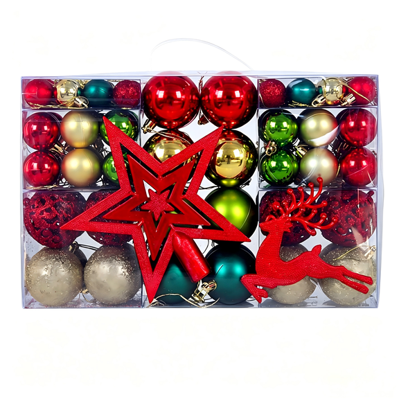 Sinkoo 102pcs Elf Christmas Ornaments Set with Christmas Tree Topper, 1.2"-2.4" Glittering Red Green White Elf Bulbs Set for Tree, Plastic Shatterproof Hanging Ornament for Home Party Decor