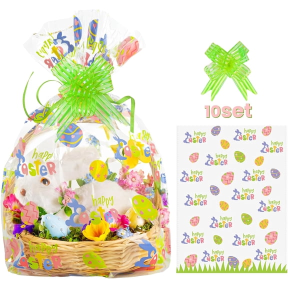 Sinkoo 10pcs Easter Basket Bags, 22x32 Inch Large Cellophane Bags, Cello Basket Bag Easter Egg Pattern Wrap Bag, Cellophane Wrapping for Gift Packaging Party Decorations