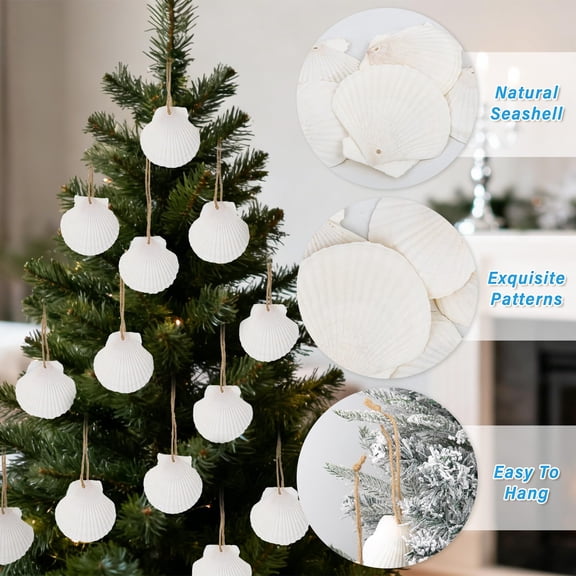 Sinkoo 16 Pcs Sea Shells Christmas Tree Ornaments, 2.5"-3.5" Natural Scallop Shells White, Beach Themed Hanging Deocr for Xmas Tree Home Wedding Party