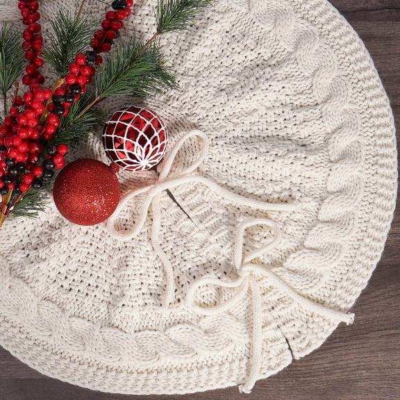 Sinkoo 18 Inch Christmas Tree Skirt, Knitted Tree Skirt for Small Medium Xmas Tree, Cream White Tree Skirt, Vintage Tree Skirts, Rustic Farmhouse Christmas Decorations