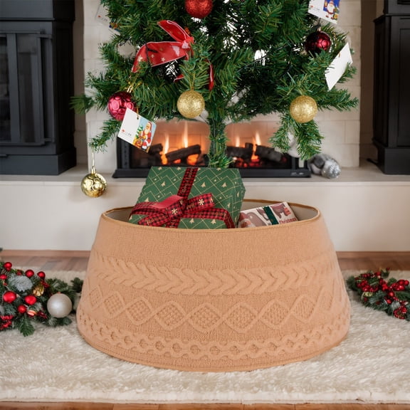 Sinkoo 21" Knitted Christmas Tree Collar, Farmhouse Cable Knit Styles Christmas Tree Collars for Artificial Trees, Rustic Handmade Tree Ring Tree Skirt for Merry Christmas Holiday Decor Gifts(Brown)