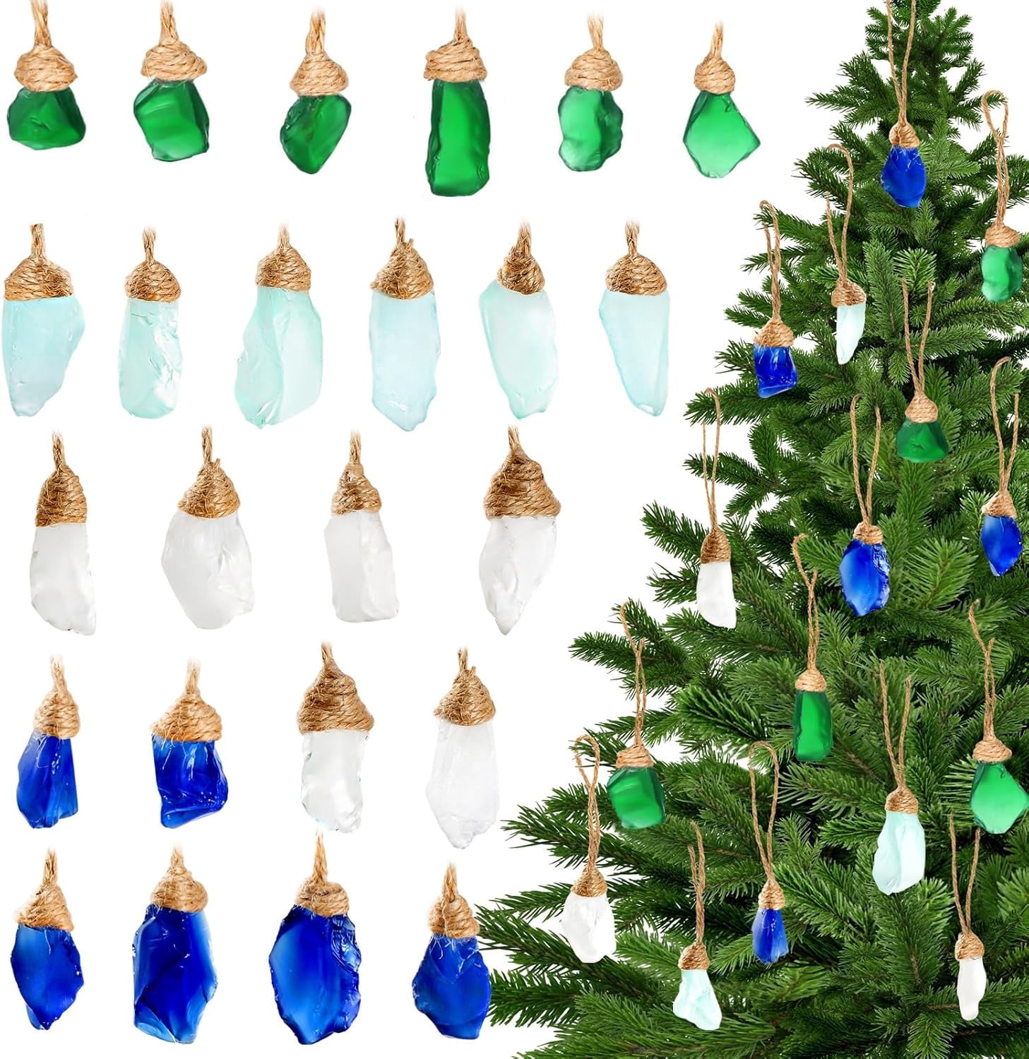 Sinkoo 24pcs Sea Glass Christmas Ornaments, Handmade Seaglass Block Crafts Coastal Beach Hanging Ornament Sets for Christmas Tree Party Weddings Decor