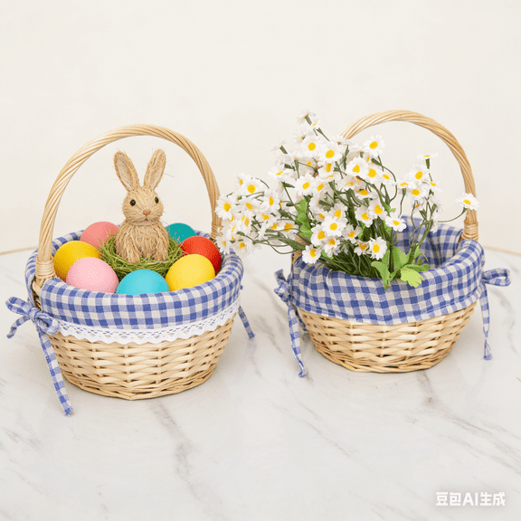 Sinkoo 2pcs Easter Basket Wicker Picnic Basket with Folding Handles,Willow Picnic Hamper,Natural Hand Woven Easter Basket,Easter Eggs and Candy Basket,Gift Packing Basket