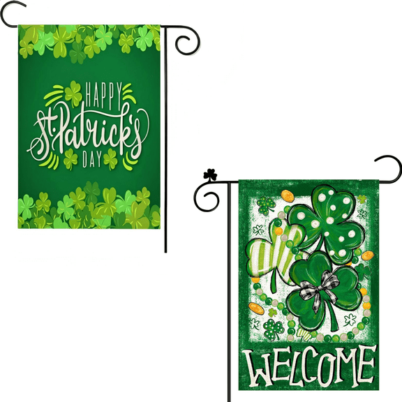Sinkoo 2pcs St Patricks Day Garden Flag 12x18 Inch Spring Decor, Double Sided Green Clovers Bow for Outside Decoration, Shamrocks Clovers Hearts Welcome Spring Yard Lawn Outdoor Decor