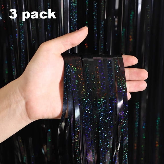Sinkoo 3 Pack 3.3x8.3ft Black Metallic Tinsel Foil Fringe Curtains, Tinsel Curtain Party Backdrop Fringe Foil Wall Background for Birthday Christmas Wedding New Year