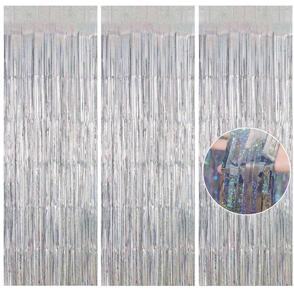 Sinkoo 3 Pack Silver Tinsel Foil Backdrop Curtains, 3.3 x 8.3ft Party Backdrop Fringe Foil Wall Background for Birthday Wedding Graduation New Year Eve Party Decor