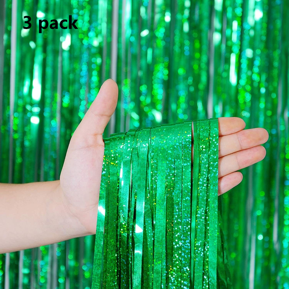 Sinkoo 3 Pack Green Party Streamers Glittering Tinsel Foil Backdrop Curtains, 3.3x8.3ft Tinsel Curtain Party Backdrop Wall Background for Birthday Christmas Wedding Graduation New Year Party Decor
