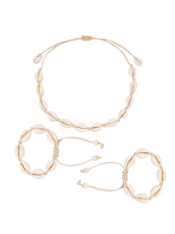 3Pcs Handmade Sea Shell Necklace Bracelet Anklet Set, Natural Seashell Necklace Money Cowrie Shells Necklace for Women Handmade Adjustable Puka Beach Shell Necklace Set