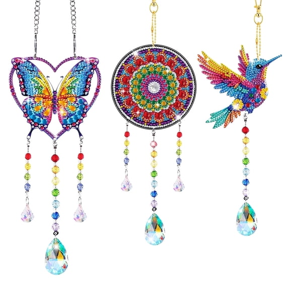 Sinkoo 3pcs Diamond Art Suncatcher Hummingbird Butterfly Mandala Double Sided Diamond Dot Art Kits Crystal Prism Hanging Decor Gift for Window Home