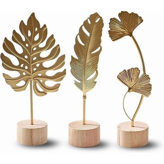 Sinkoo 3pcs Gold Leaf Home Decor Set, Table Top Decor, Metal Leaves Statues, Modern Artistic Sculptures for Living Room, Office & Home Decor (Monstera Deliciosa, Feather, Ginkgo)