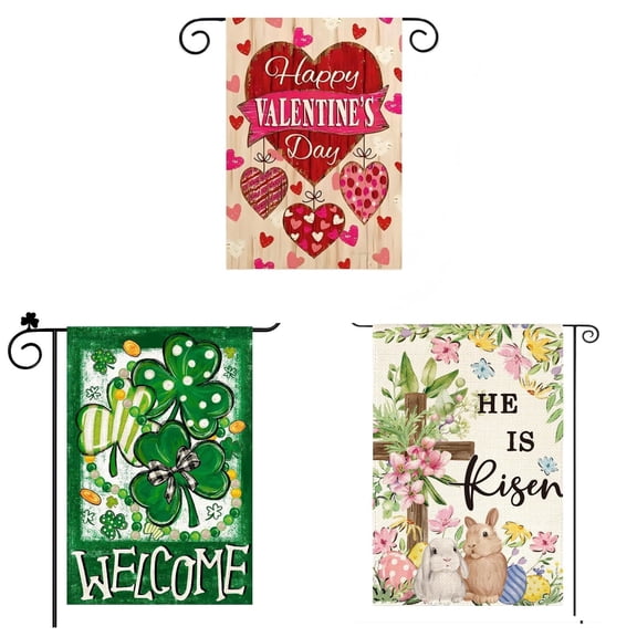 Sinkoo 3pcs Spring Garden Flag Sets, Valentines Day Garden Flag St Patricks Day Garden Flag Easter Garden Flag, Double Sided for Holiday Spring Yard Lawn Outdoor Decoration, 12x18 Inch