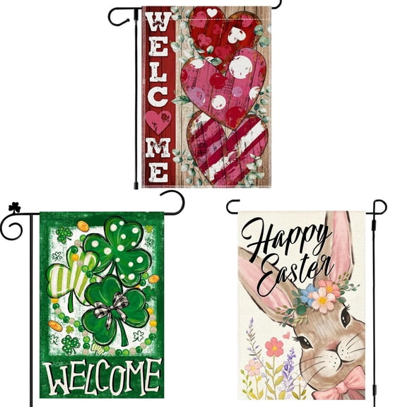 Sinkoo 3pcs Valentines Day St Patricks Day Easter Garden Flag Sets, Double Sided Pattern Machine Washable Non-fade Flag for Holiday Spring Yard Lawn Outdoor Decoration, 12x18 Inch