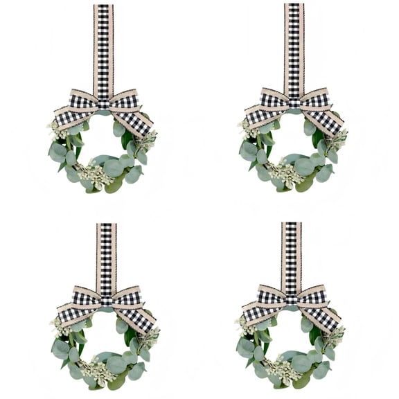 Sinkoo 4pcs Small Spring Wreaths for Cabinet, 9inch Mini Hanging Wreaths with Black White Plaid Bow Eucalyptus Leaves, Spring Holiday Indoor Decoration for Window Wall Mantel Fireplace