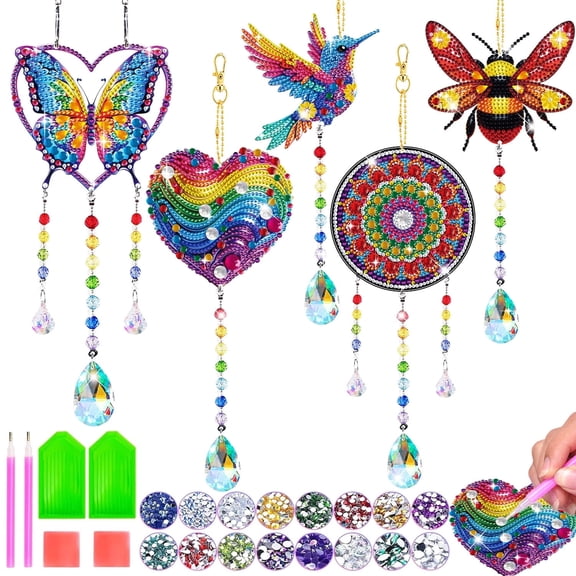 Sinkoo 5 Pcs Diamonds Paintings Sun Catcher, Boho Decor 3D Diamonds Art Kit, Hummingbird Bee Butterfly Suncatcher Decor, Home Garden Window Hanging Ornaments Gift for Mom Women Family Friends