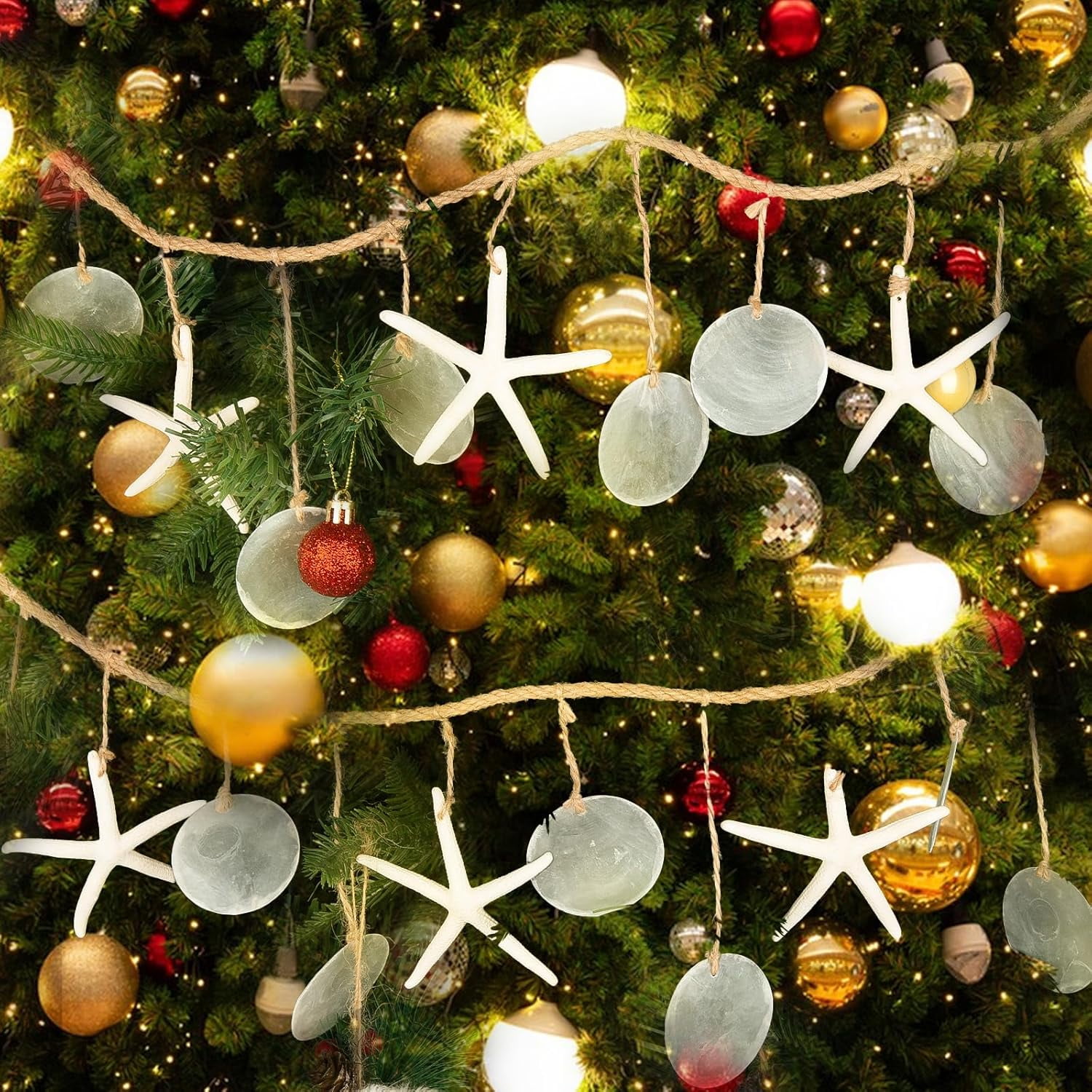 Sinkoo 6.56 Ft Christmas Beach Seashell Starfish Garland, White Natural Capiz Shells Starfish Garland, for Boho Home Wall Decor, Christmas Tree Ornaments, Mermaid Party Decorations