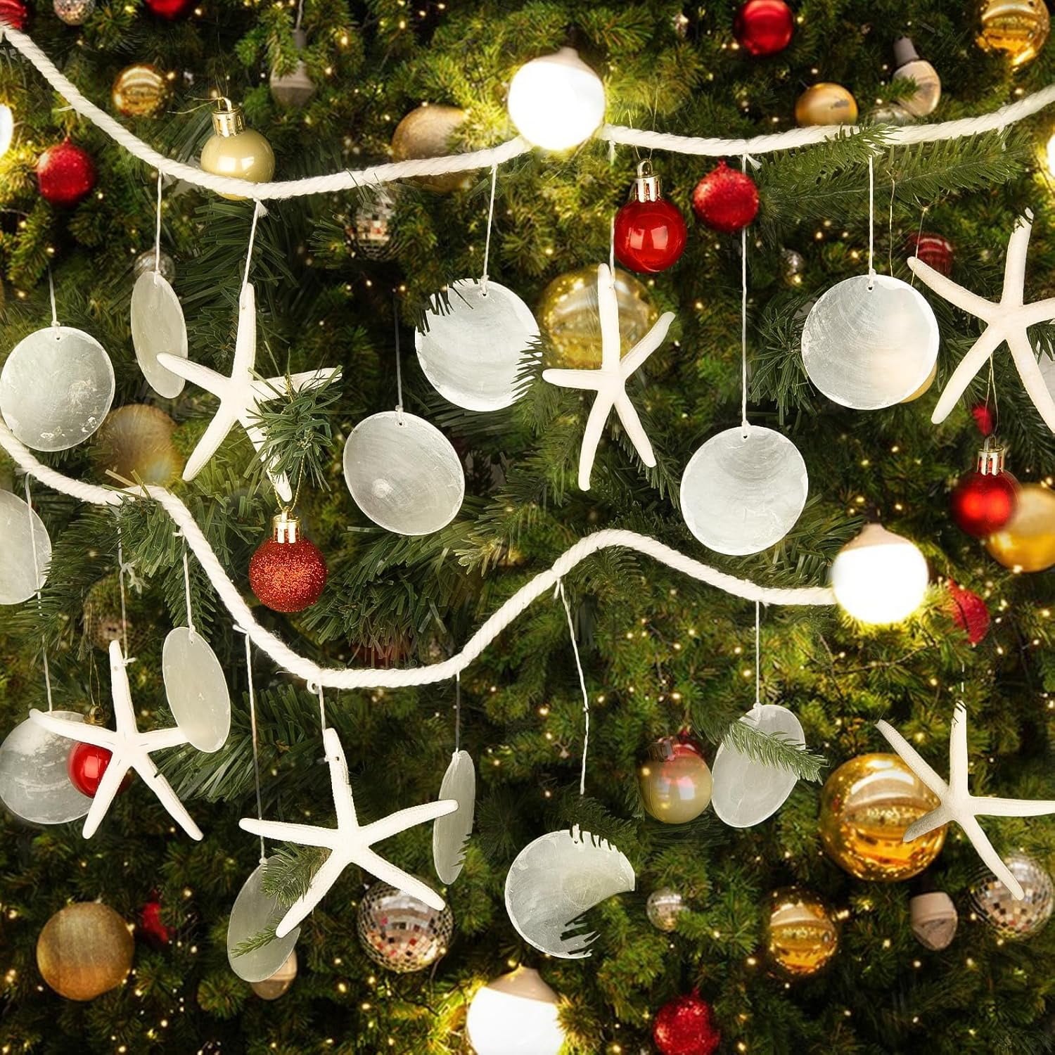 Sinkoo 6.56 Ft Beach Seashell Starfish Garland, White Natural Capiz Shells Starfish Garland, for Boho Home Wall Decor, Christmas Tree Ornaments, Mermaid Birthday Party Decorations