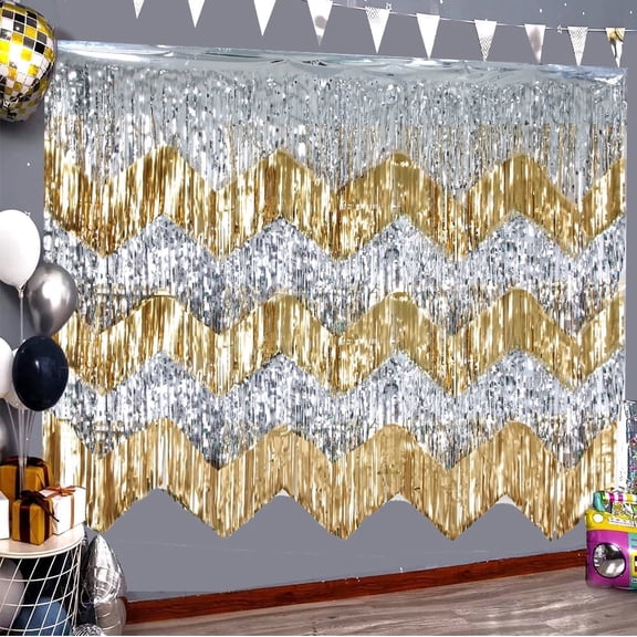 Sinkoo 6 Pack Birthday Party Curtain Glitter Gold & Silver Wave Fringe Party Streamers Backdrop, Glittering Curtains for Birthday Party Decorations, Wedding Backdrop, Foil Tinsel Fringe Backdrop