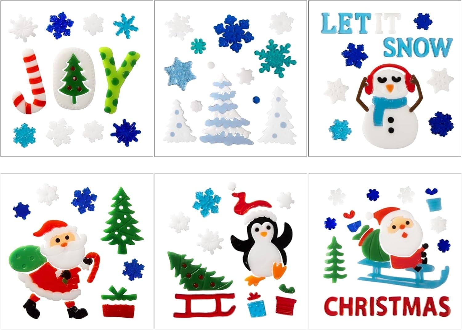 Sinkoo 6 Sheets Christmas Window Clings Gel, Snowman, Gingerbread Man, Santa Claus, Snowflakes, Penguin, JOY, Xmas Gel Stickers Decor for Window Glass