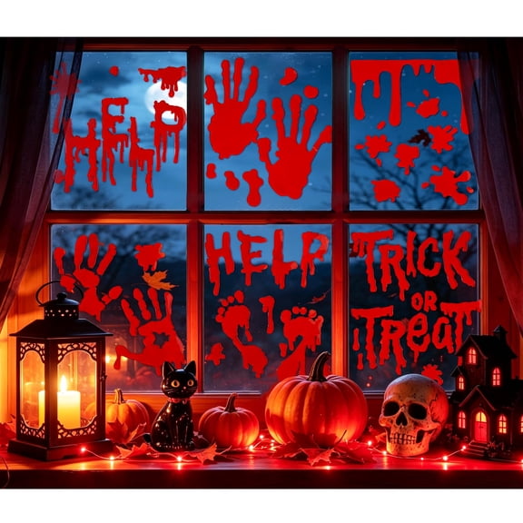 Sinkoo 6 Sheets Bloody Window Clings Gel Halloween Decor, Help Us, SOS, Trick or Treat, Scary Bloody Decals for Window Glass Bathroom Mirrors Fridge