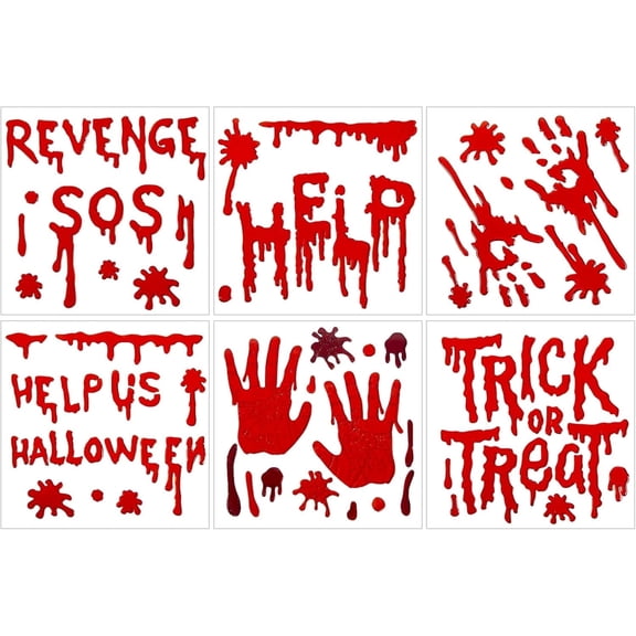 Sinkoo 6 Sheets Bloody Window Clings Gel Halloween Decor, Help Us, SOS, Trick or Treat, Scary Bloody Decals for Window Glass Bathroom Mirrors Fridge