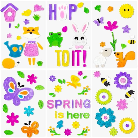 Sinkoo 6 Sheets Spring Window Gel Clings, Easter Reusable Jelly Stickers Rabbit Bee Flower Cat Fox Butterfly for Home Office School Party Gift Decor