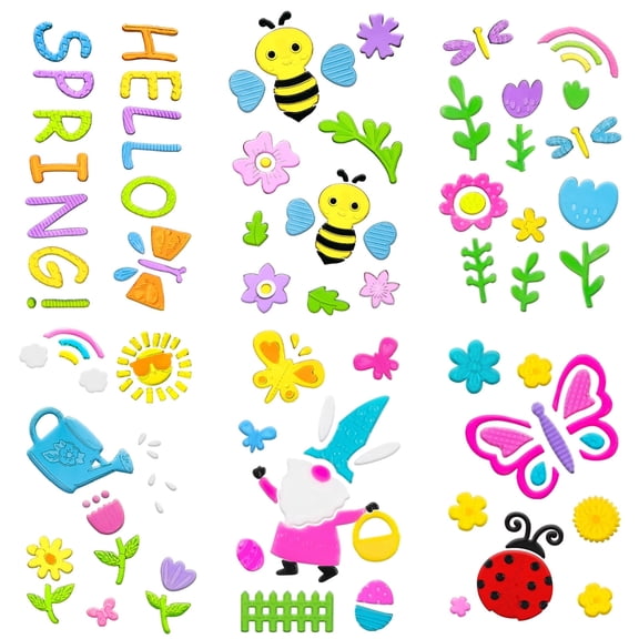 Sinkoo 6 Sheets Spring Window Gel Clings, Reusable Jelly Stickers Rabbit Bee Sunflower Ladybrid Butterfly for Home Office School Easter Party Decor