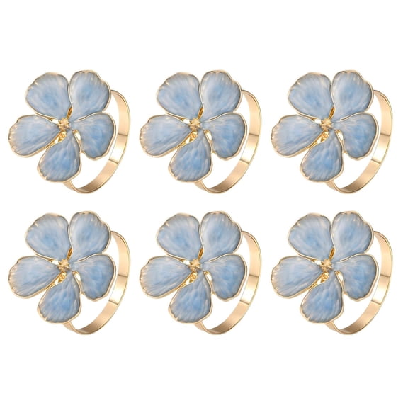 Sinkoo 6pcs Blue Floral Spring Napkin Ring Set, Wedding Decor, Bohemian Vintage Glamour Style Decorative Napkin Rings Party Table Setting, Elegant Tableware Accessories