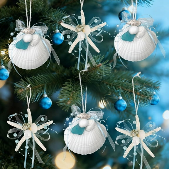 Sinkoo Shell Christmas Ornaments,  6pcs Starfish Scallop Seashells Crafts, Beach Coastal Christmas Decor for Christmas Tree Ornaments, Xmas Hanging Decor