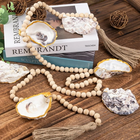 Sinkoo 78inch Oyster Shells Wood Bead Garland, Coastal Beach Garland with 7pcs  Oyster Shells, Natural Seashell Garlands for Beach Wedding Party Mantel Tray Wall Window Home Decor