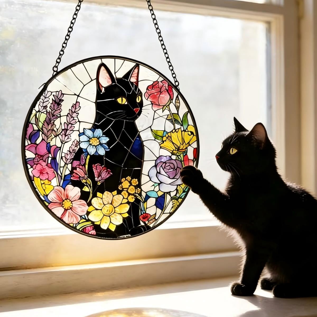 Sinkoo 8inch Black Cat Sun Catcher Stained Glass Suncatcher Window ...