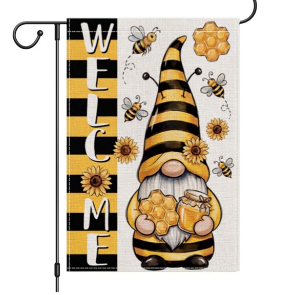 Sinkoo Bee Gnome Spring Garden Flag 12x18 Inch Double Sided Outside, Sunflower Welcome Lawn Yard Outdoor Flag