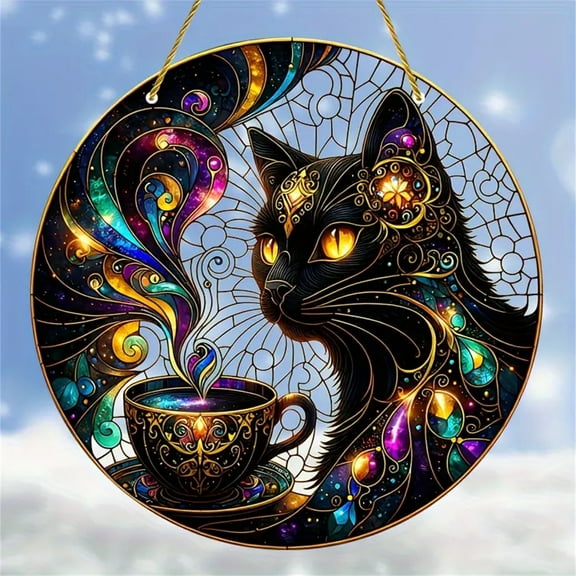 Sinkoo Boho Decor Black Cat and Coffee Hanging Suncatcher, Home Garden Ornaments, Gift for Family, Friends, 8" X 8",1 Count