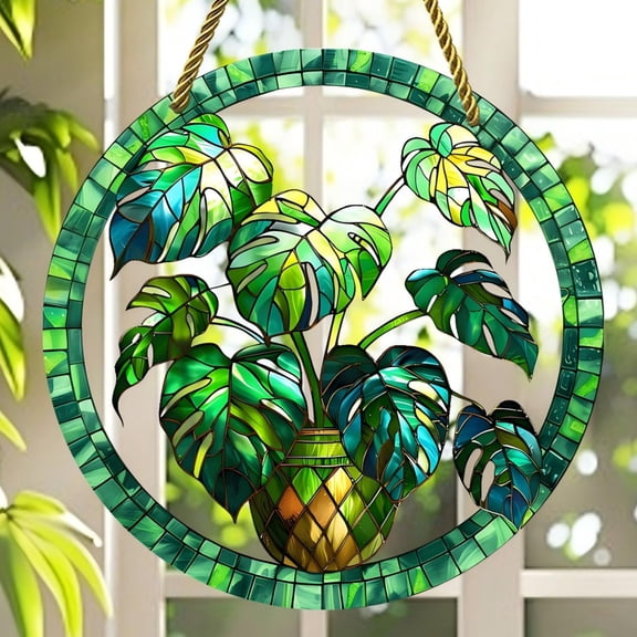 Sinkoo Sun Catcher Indoor Window, Boho Decor Acrylic Suncatcher for Window, Birthday Gift for Friends Family, Green Plant Painting for Home Window Wall Decor, 8inch