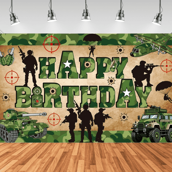 Sinkoo Camo Birthday Party Backdrop Camouflage Happy Birthday Banner Army Military Photography Background for Camouflage Military Camo Party Supplies 71 x 43 Inch