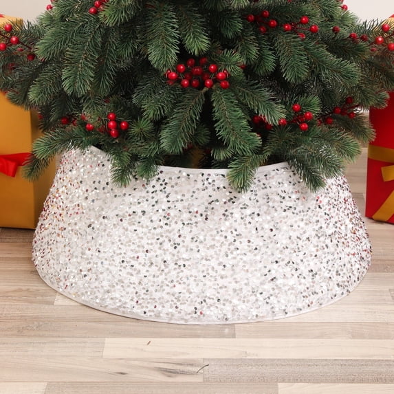 Sinkoo Christmas Tree Collar, 24 Inch Sequin Base Cover, Foldable Round Xmas Ring for Artificial Trees, Silver Basket for Holiday Decorations Home Decor