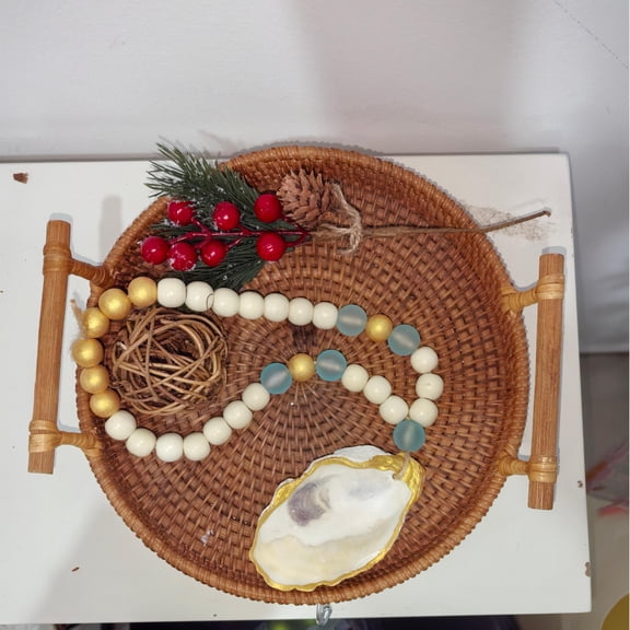 Sinkoo Christmas Wood Bead Garland, Farmhouse Wood Beads with Oyster Shell, Tray Decor Wall Hanging Home Ornaments, Coastal Garland for Christmas Tree Decorations