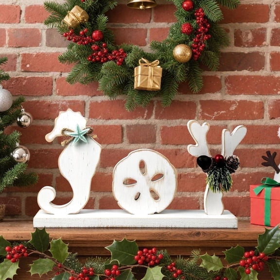Sinkoo Seahorse Shell Beach Tiered Tray Table Decor Beach Wooden JOY Signs Seahorse Sand Dollar Antler Decor Table Centerpiece for Rustic Farmhouse Home Living Room Decorative