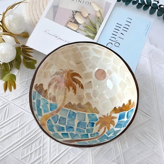 Sinkoo Coconut Shell Decorative Bowl with Mother of Pearl Inlays, Beach Theme Decor, Distinctive Coconut Shell Container for Entryway, Vanity, and Office Use