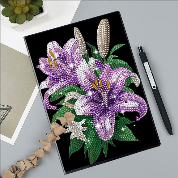 Sinkoo Diamond Painting Notebook Kits 5.8 x 8.3 Inch DIY Art Cover Notebook Crystal Journal Sketchbook Notepad for Men Women Birthday Crafts Gift Drawing Painting(Boho Style Purple Lily Flower)
