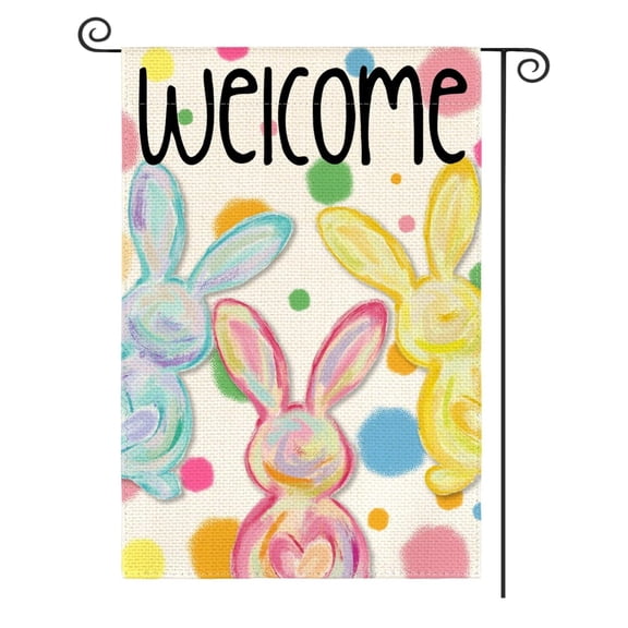 Sinkoo Easter Bunny Rabbit Garden Flag 12x18 Inch Double Sided Outside, Polka Dots Welcome Spring Decor Yard Outdoor Flag